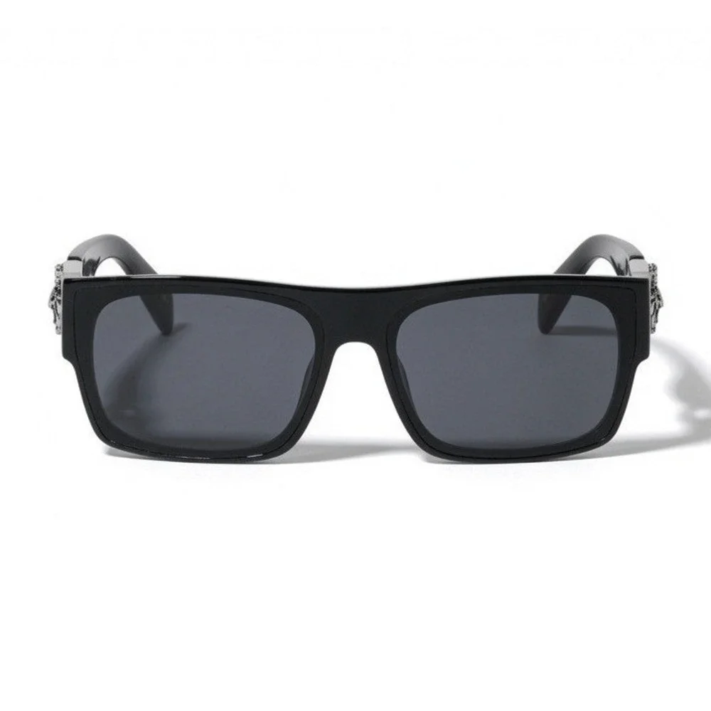 Mens Black Rectangular Sunglasses Silver Lion Head Medallion Flat Top Shades NEW